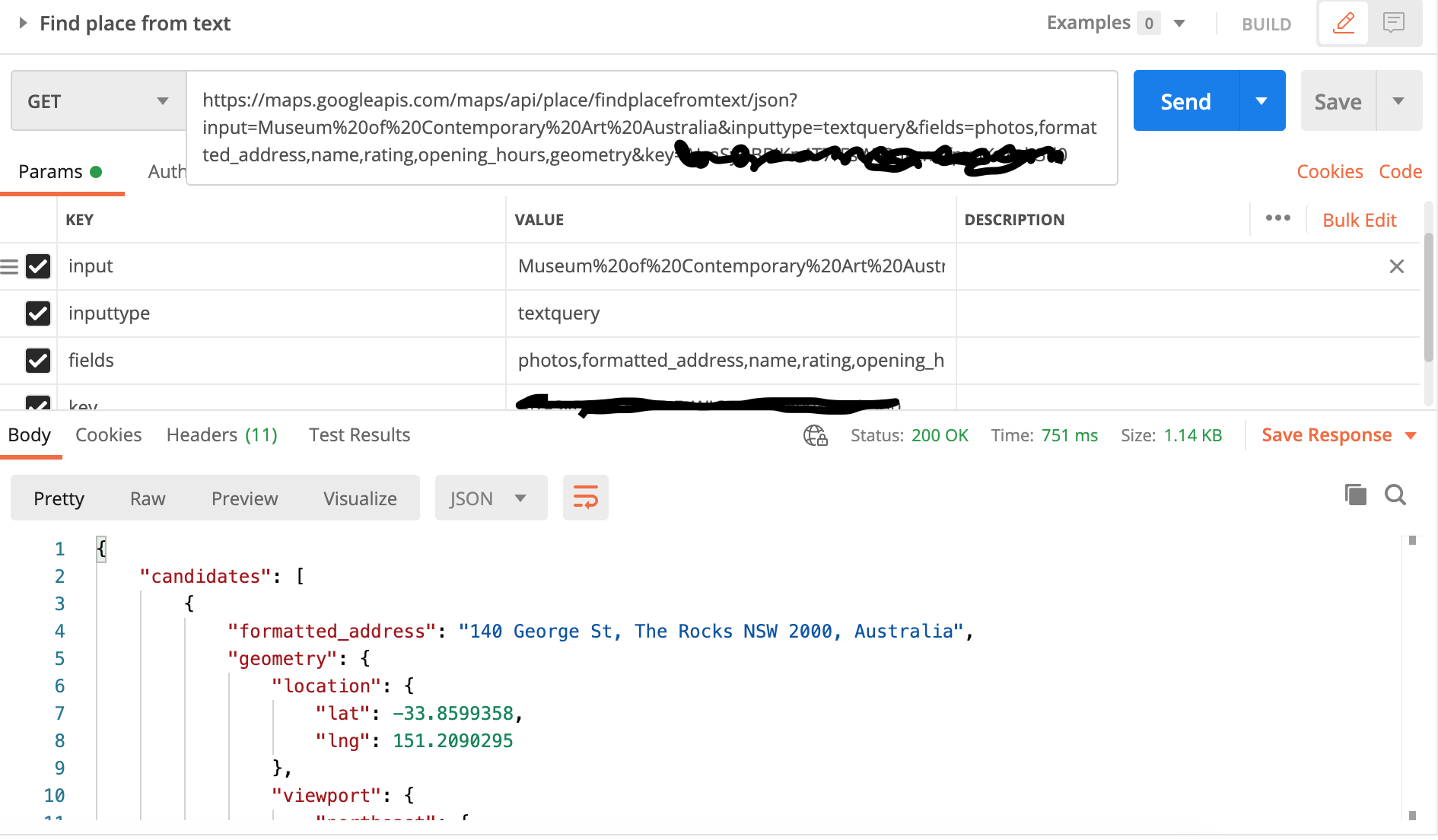 Test Google 'Find places' API with Postman
