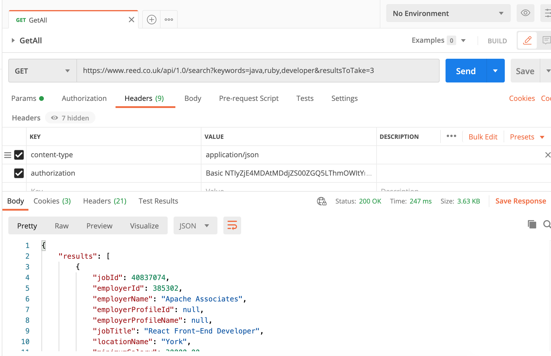 Successful API request sent with Postman